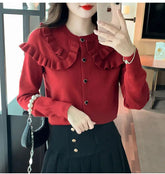 Solid Ruffles Peter Pan Collar Slim Sweater